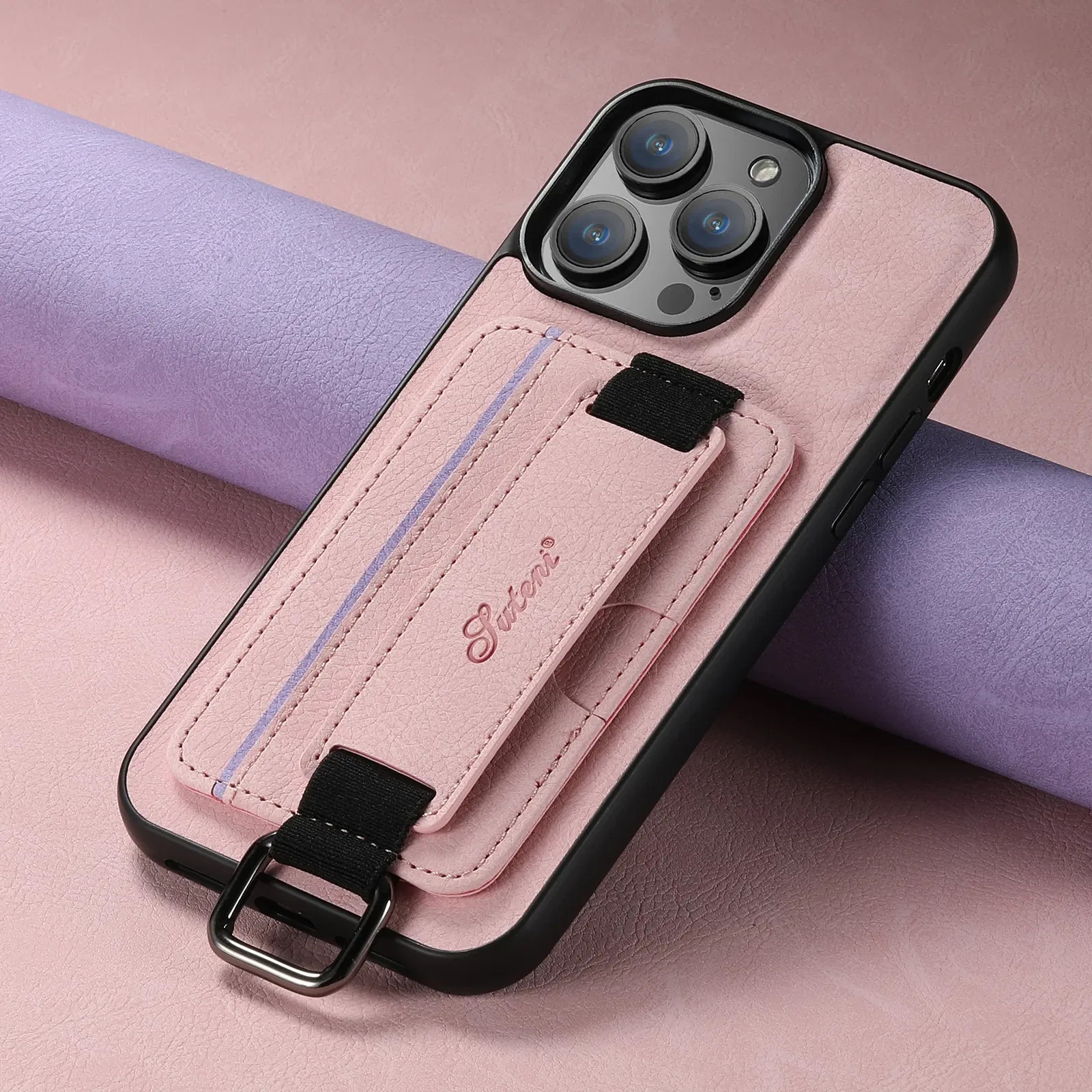 Color: pink, Material: TPU - SUTENI Lychee skin print wrist strap card phone cas