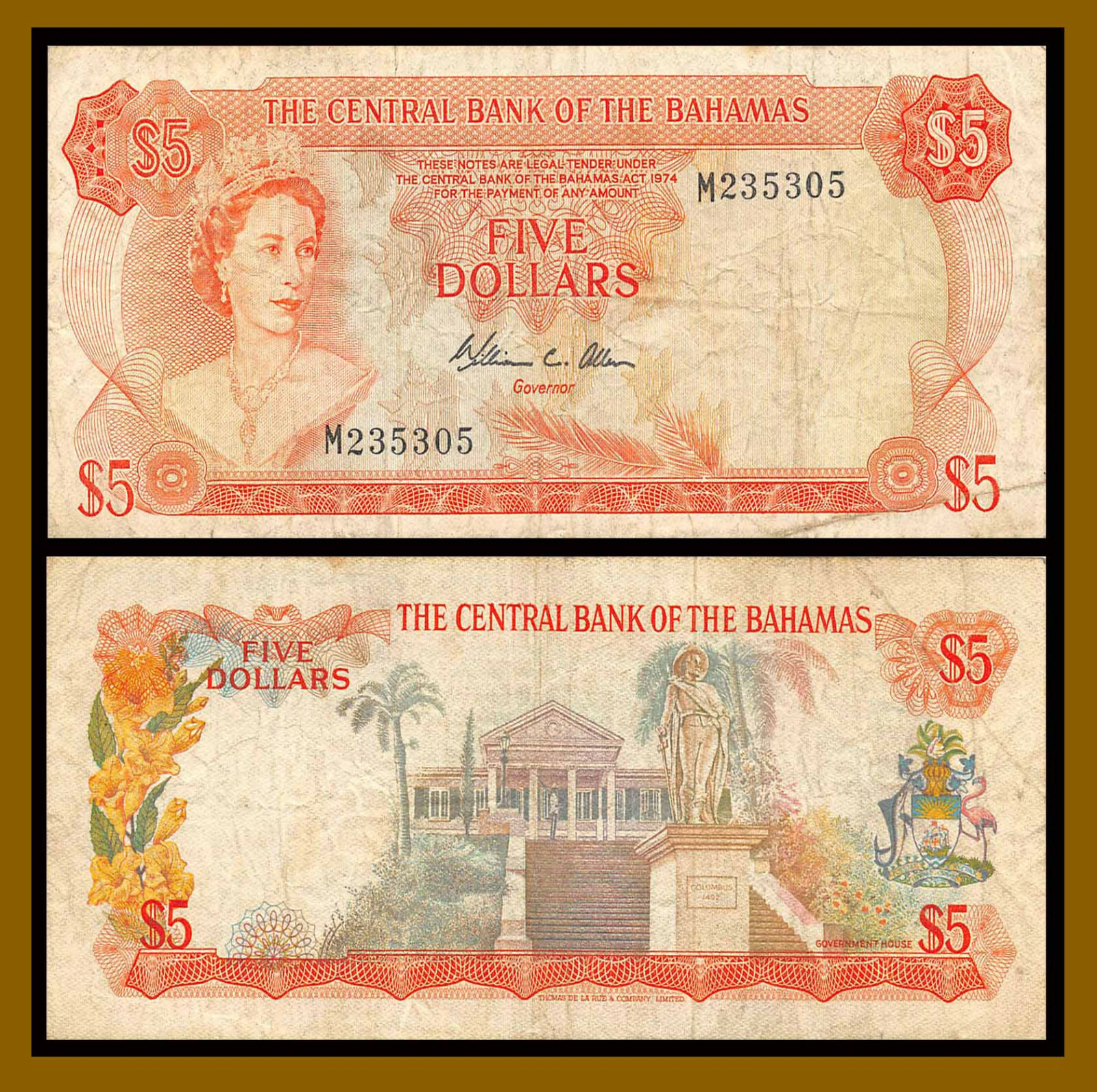 Bahamas 5 Dollars, L.1974 P-37b Sig W.C Allen Queen Elizabeth II (Cir)