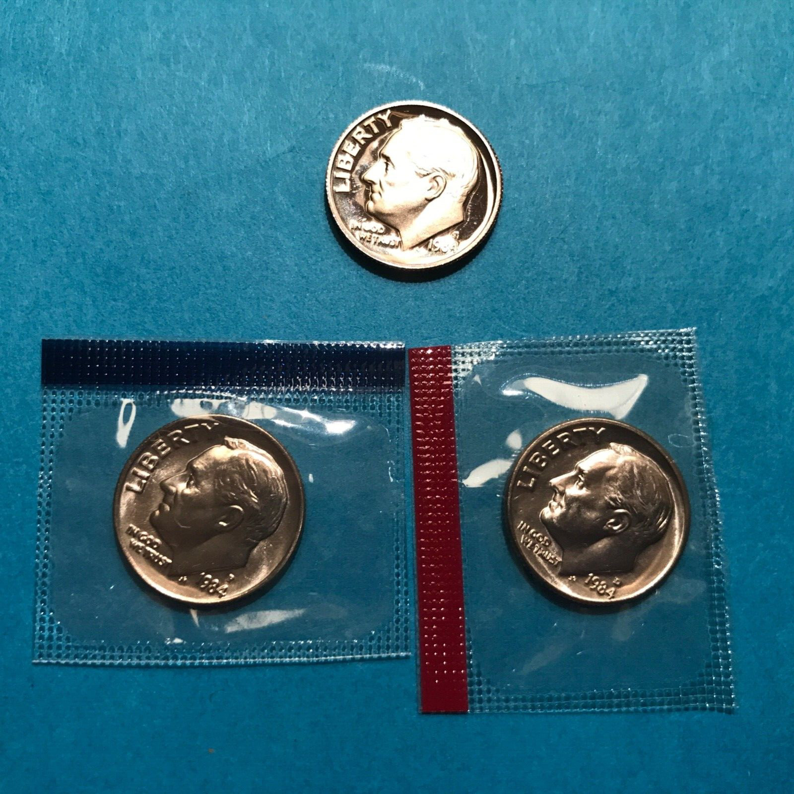 1984 P D S   Roosevelt Dime   2-Unc & 1-Proof   Mint Cello   FREE SHIP