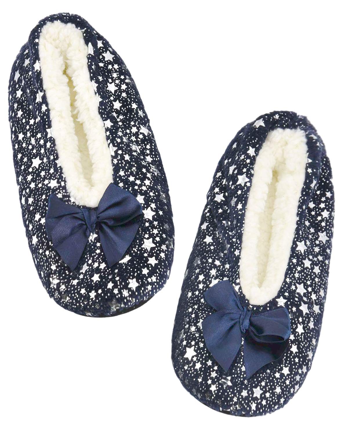 DICUIRD Slipper Socks For Women With Grippers, Fuzzy 5-7.5, Navy Star