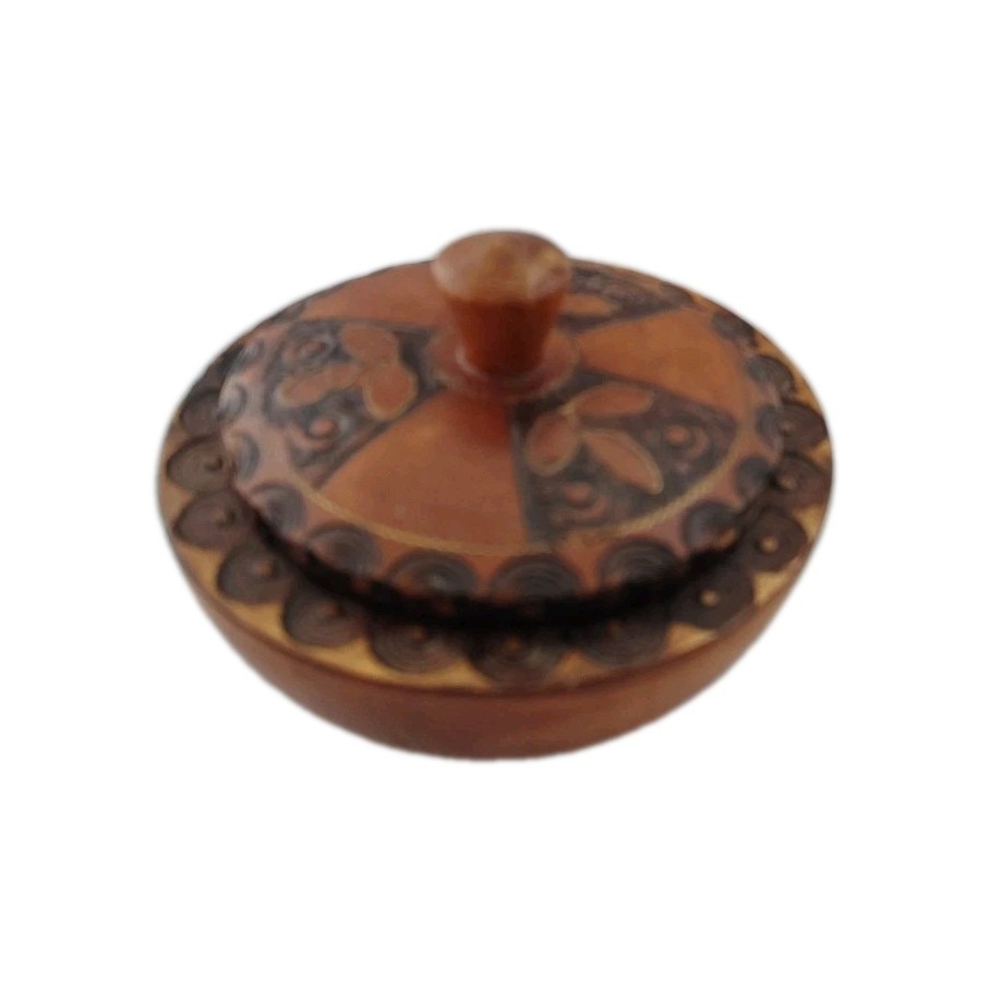 Carved Round Wooden Trinket Box 4 Inches