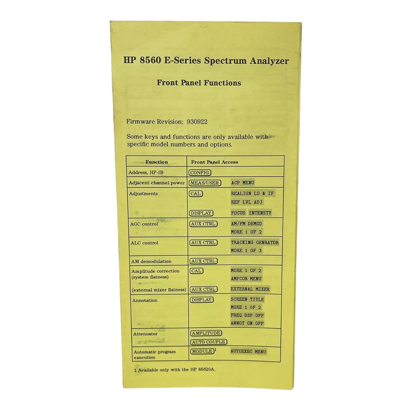 HP 8560 E-SERIES SPECTRUM ANALYZER FRONT PANEL FUNCTIONS PAMPHLET MANUAL