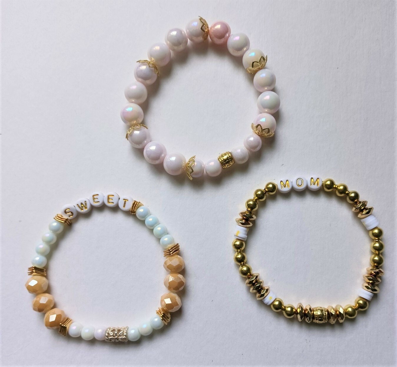 Sweet Mom Stretchy Bracelet Stack Gold and Pearl