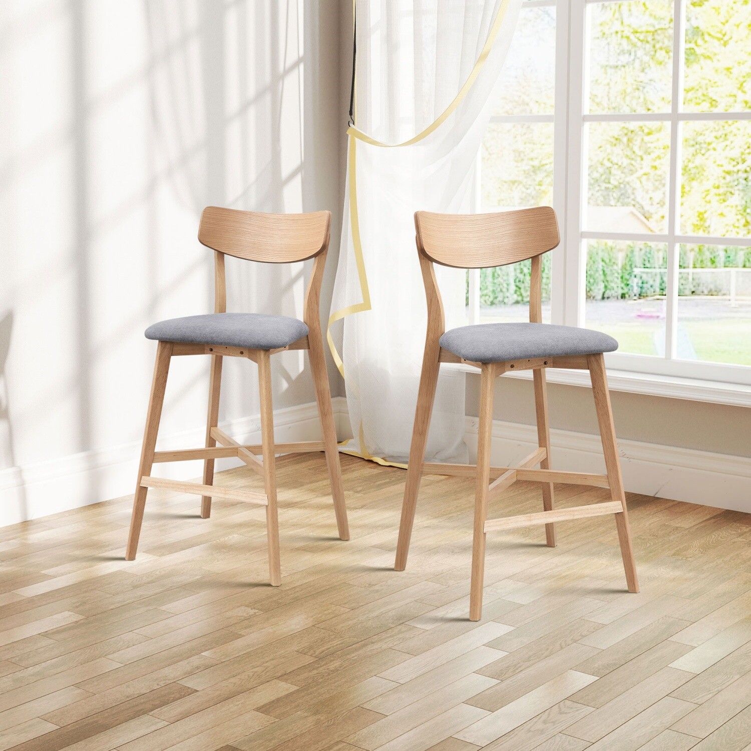 Set of 2 Wooden Bar Stools Upholstered Bar Chair Counter Height Dining Chair