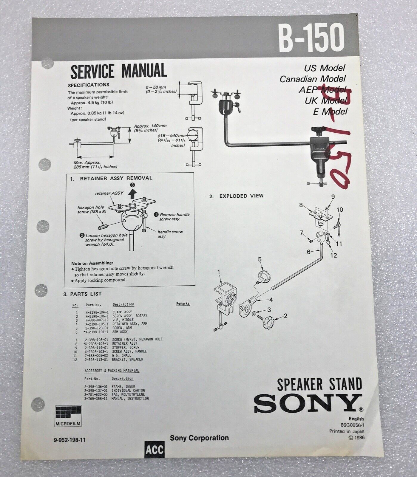 Original OEM Sony B-150 Service Manual Repair Speaker Stand 1986