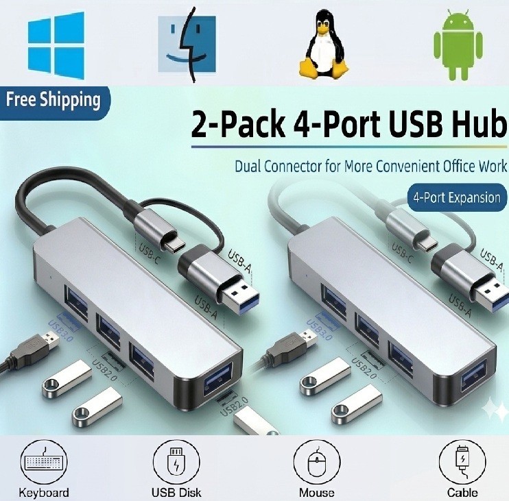 2 pack 4-in-1 USB 3.0 Hub Dual USB-A & USB-C Adapter 4 Port Splitter