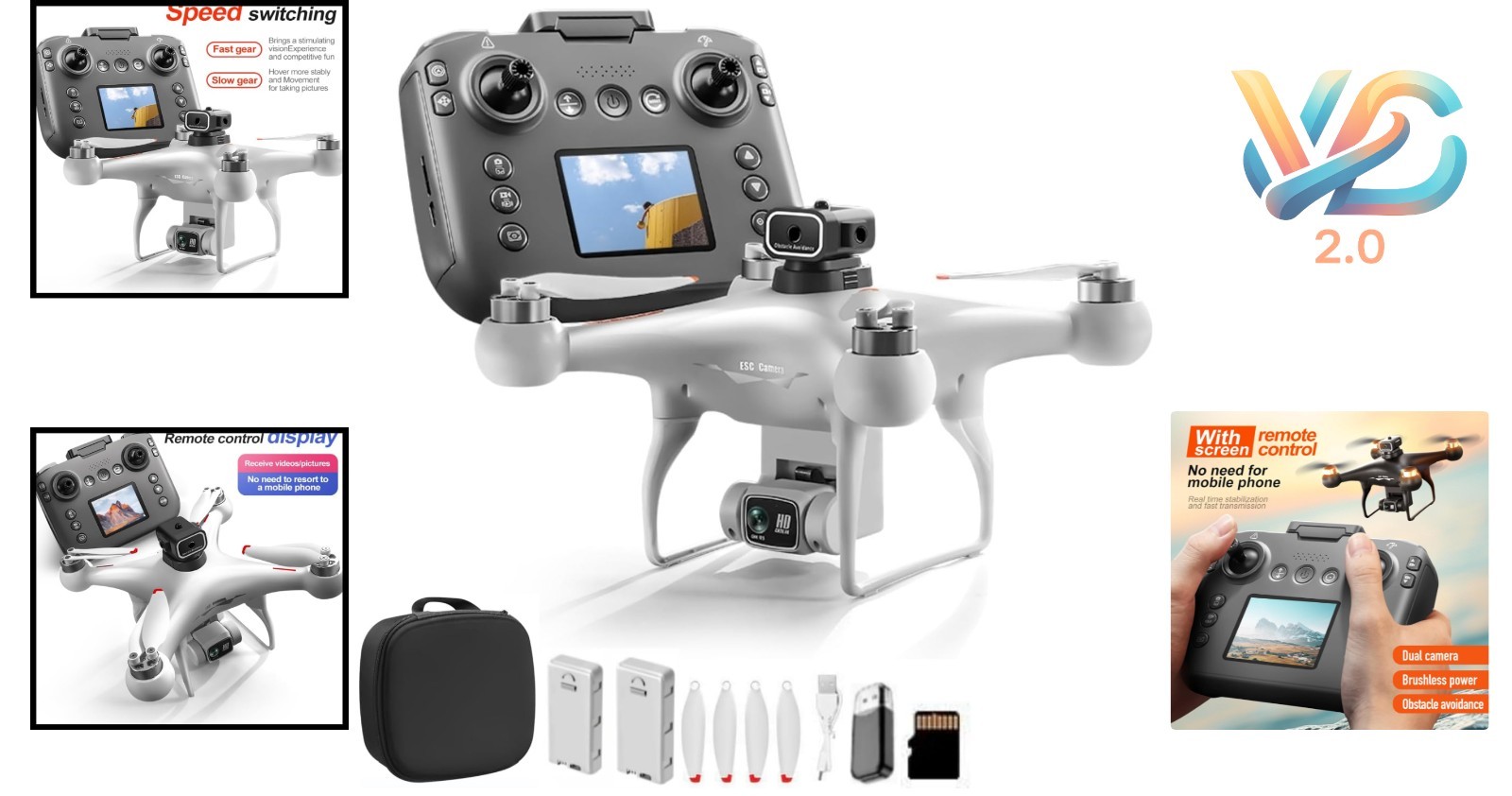 Hobby Drone with Screen Remote 1080P Dual Camera 2 Batteries White
