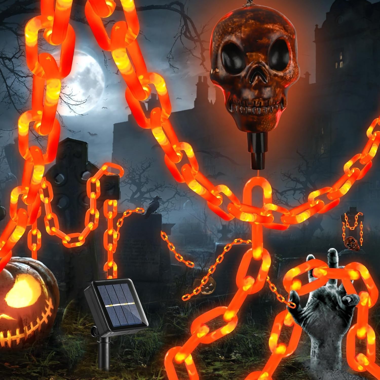 Halloween Decorations Outdoor Solar Skull Chain Lights,Light up Scary Skull with