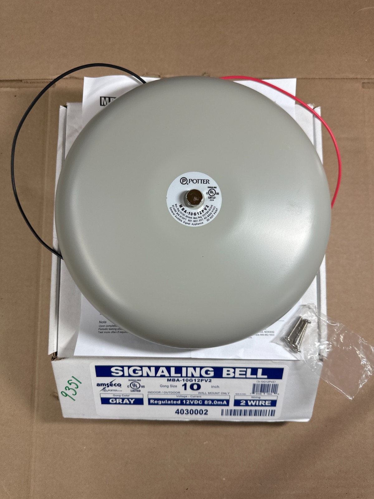AMSECO SIGNALING BELL MBA-10G12PV2 GONG SIZE 10 INCH GRAY