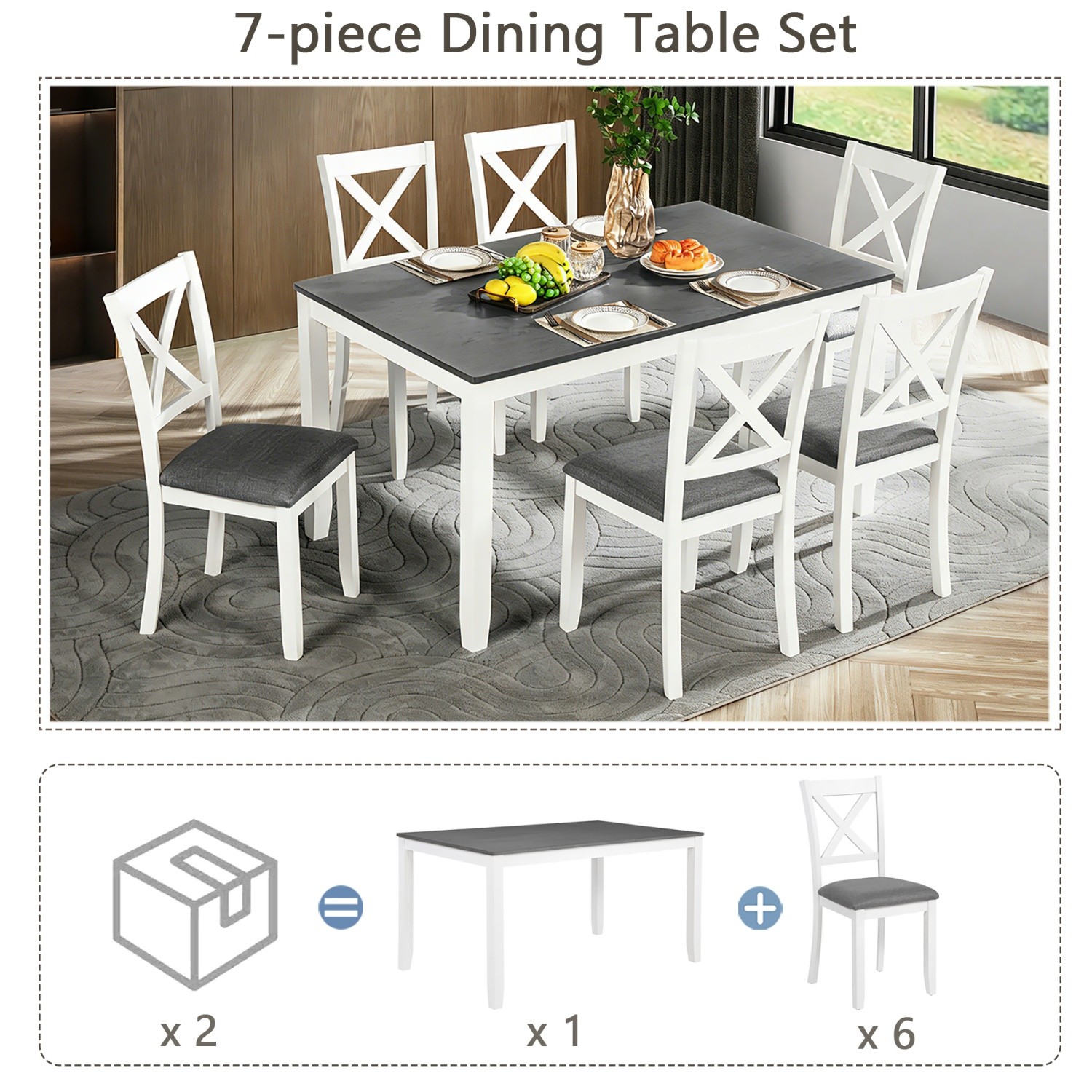 Modern 7-Piece Solid Wood Frame Dining Table Set w/ Table & 4 Upholstered Chairs