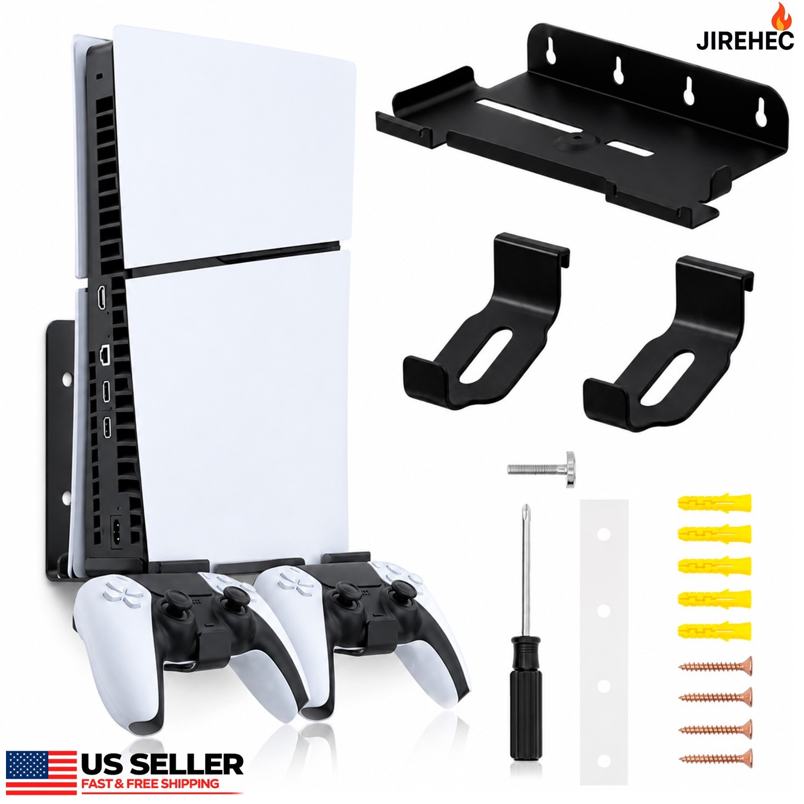 PS5 Slim Wall Mount Steel Bracket with Dual Controller Holders Disc Digital 2023