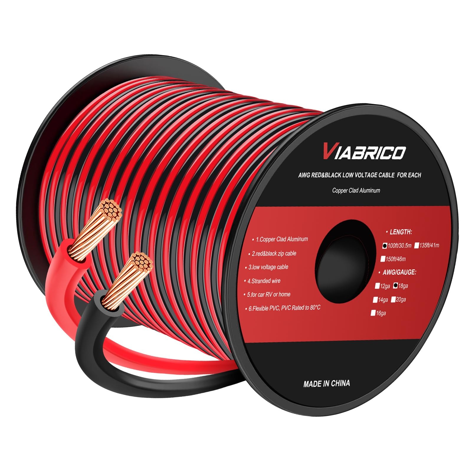 VIABRICO 18AWG 100FT Electrical Wire 2 Conductor Red Black Low Voltage Cable