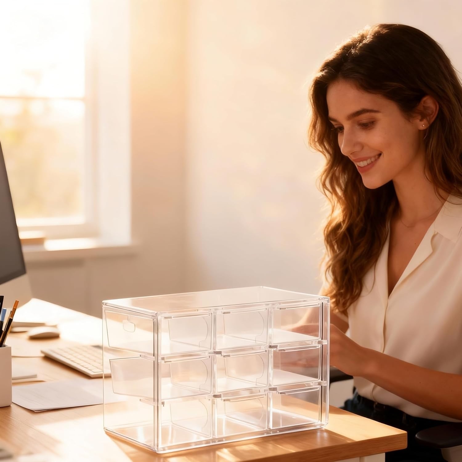 Elegant 9-Drawer Acrylic Desk Organizer - Dustproof & Stackable for Clutter-F...