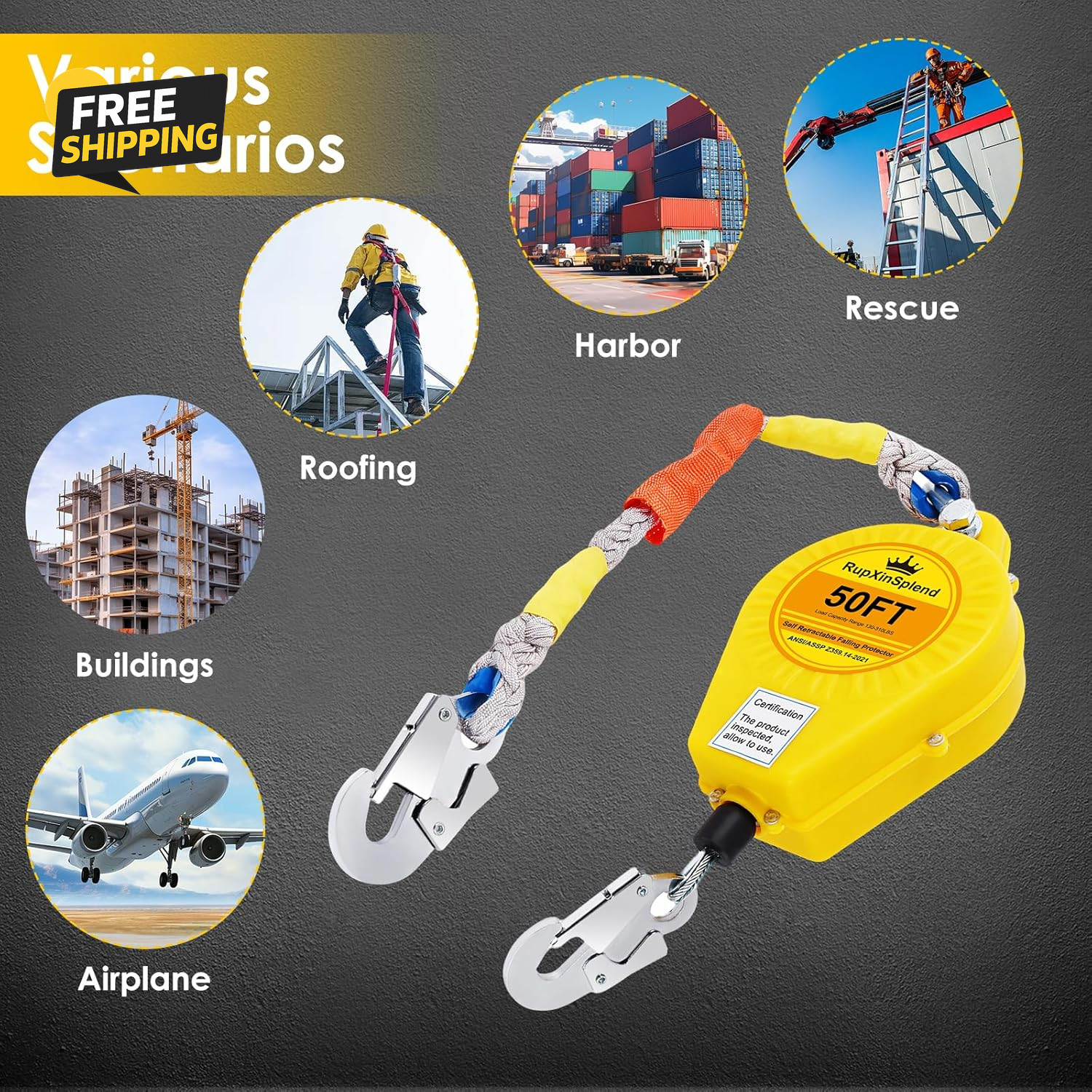 Fall Arrester Protector Self Retractable 50FT Fall Protection Double Locking