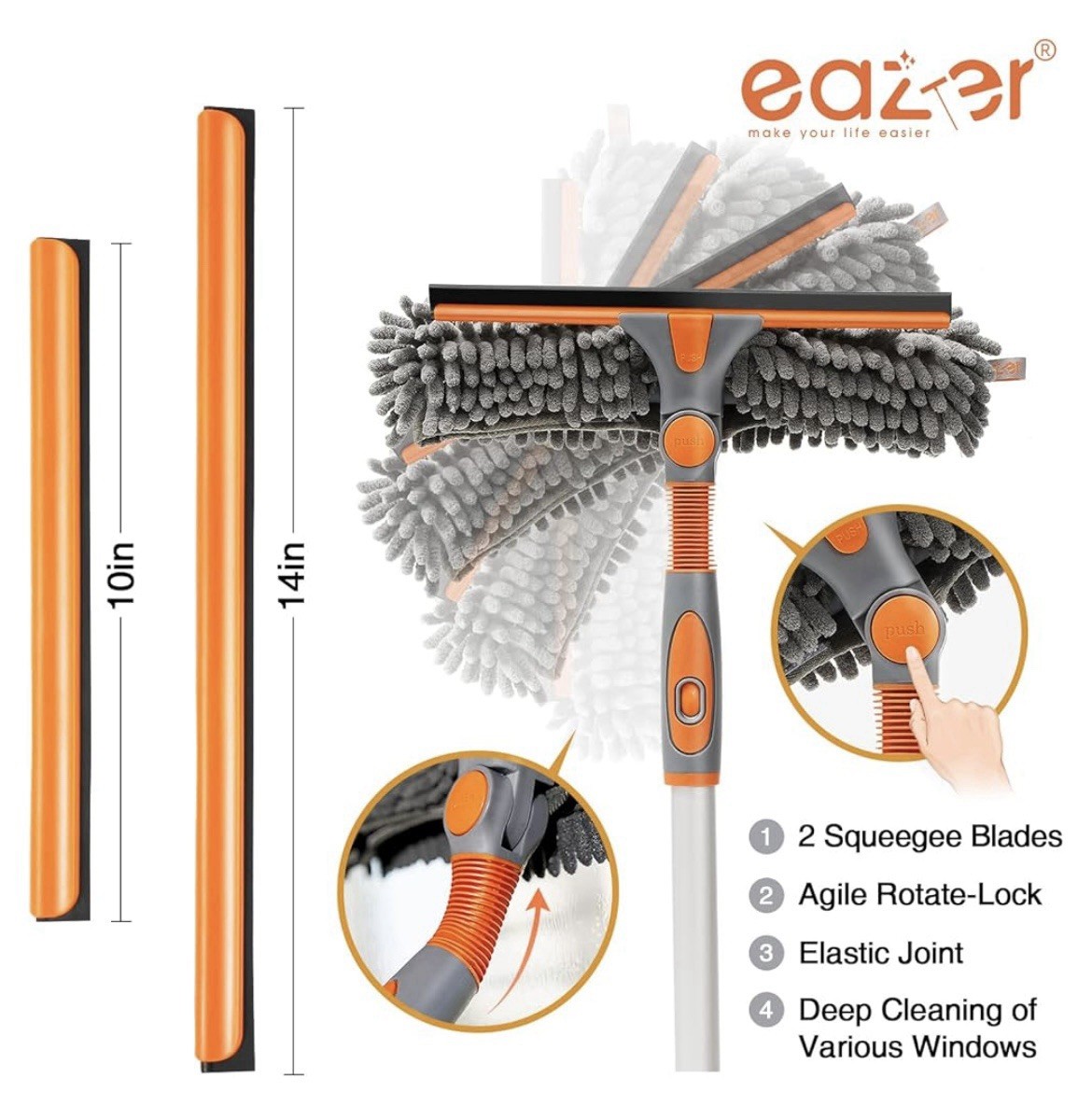 Eazer 89” Squeegee Window Cleaner Kit Adjustable Extending Arm Indoor Outdoor