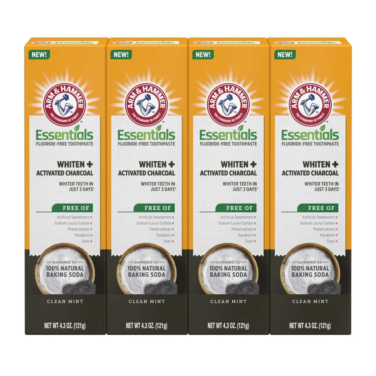 ARM & HAMMER Essentials Toothpaste, 4.3oz 4pk, Fluoride-Free, Clean Mint