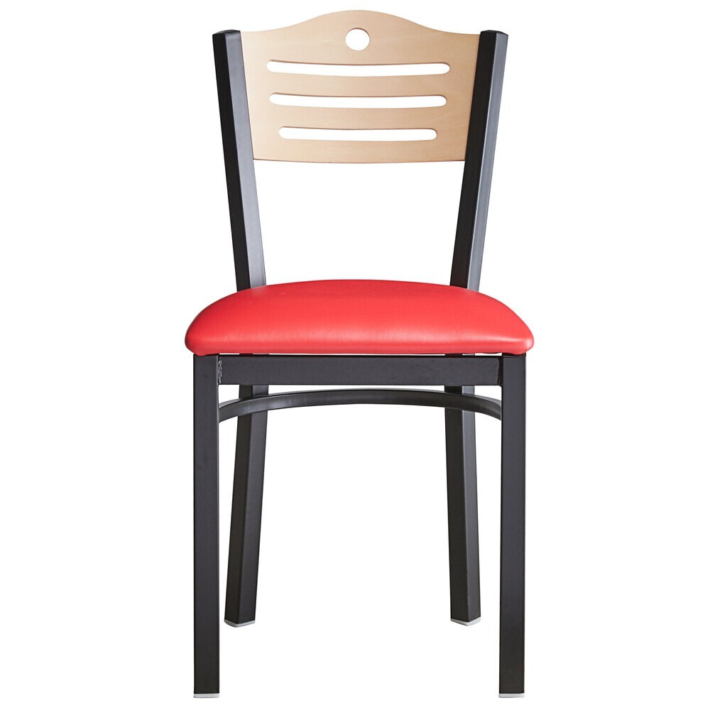 Slat Back Metal Restaurant Chair With Red Vinyl Seat & Natural Wood Back