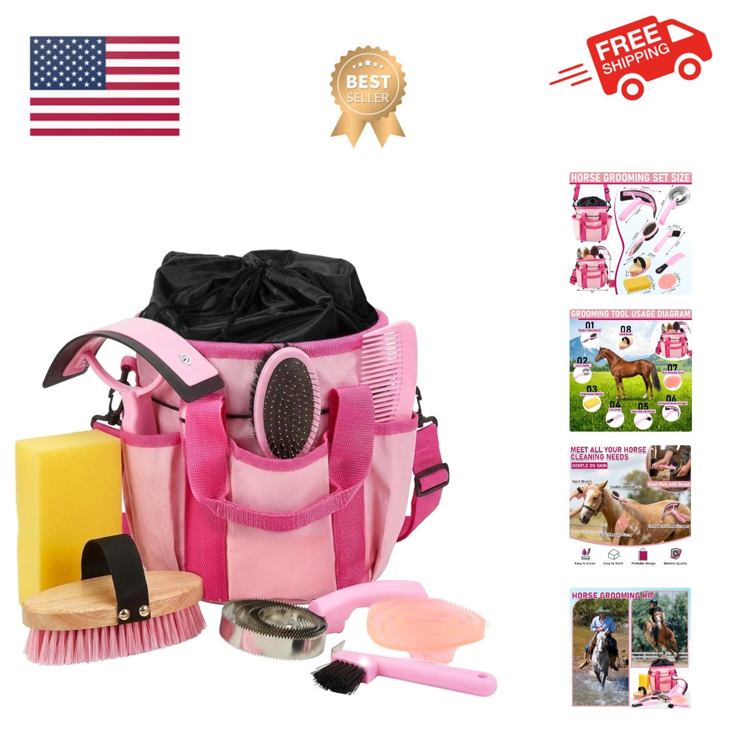 9 Pcs Horse Grooming Kit Tack Room Supplies Set with Tote Bag, Oval Massage C...