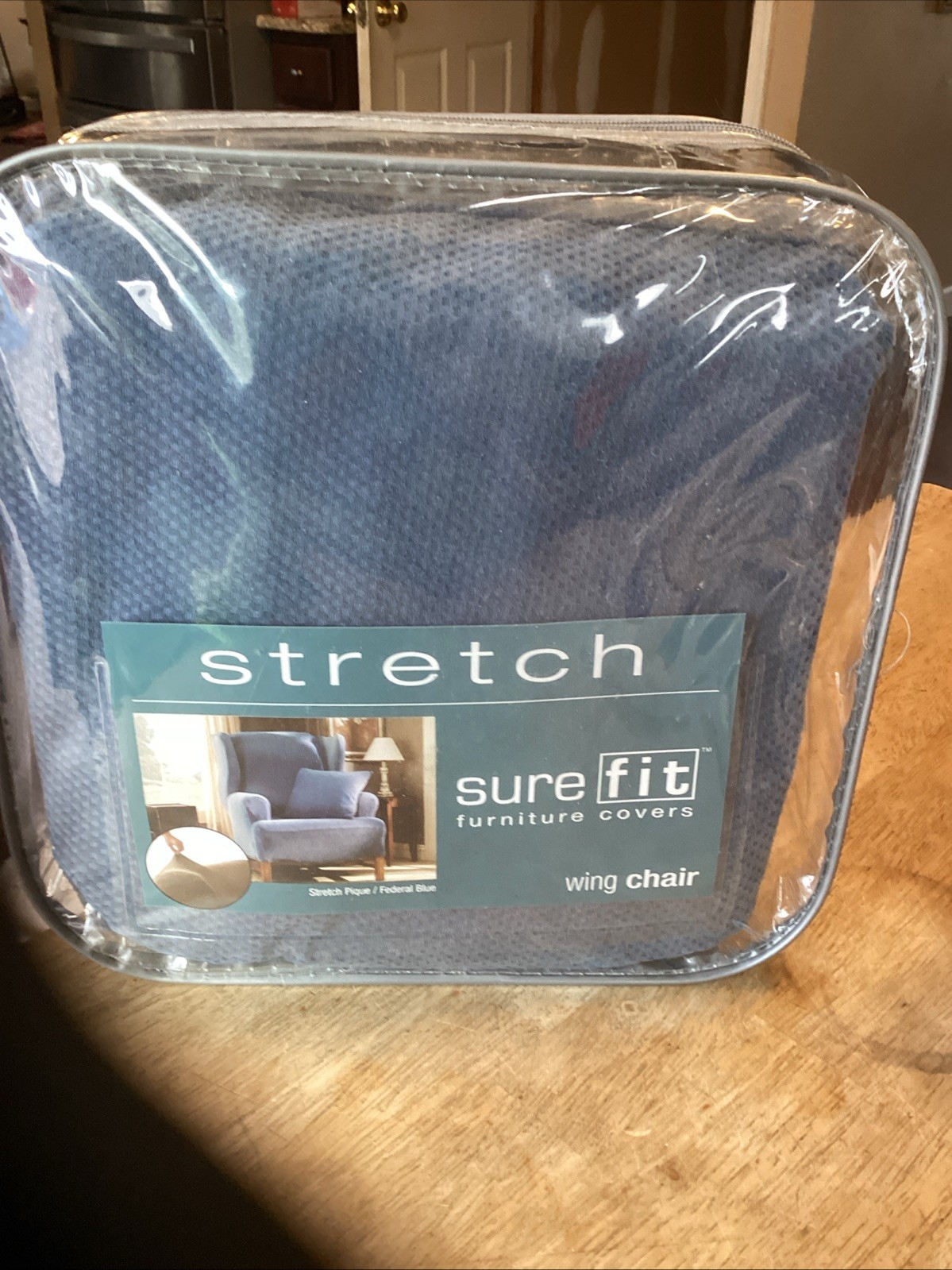 SureFit Stretch Pique Knit Wing Chair Slipcover Federal Blue Wing Chair  New