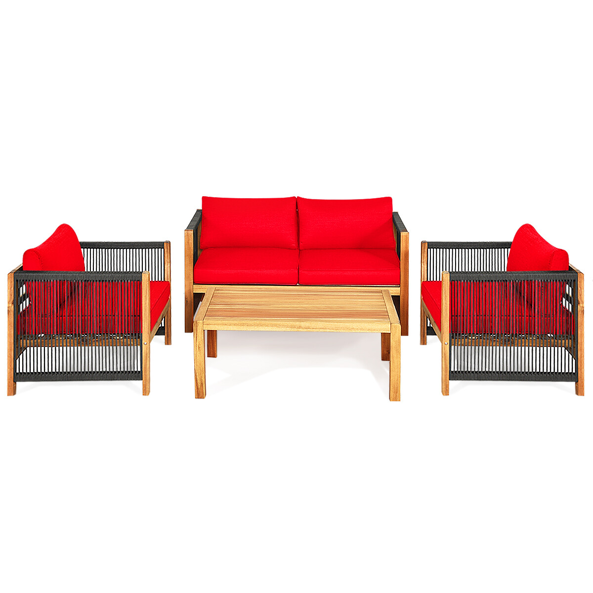 Patiojoy 4-Piece Outdoor Patio Wood Conversation Furniture Set Padded Chair