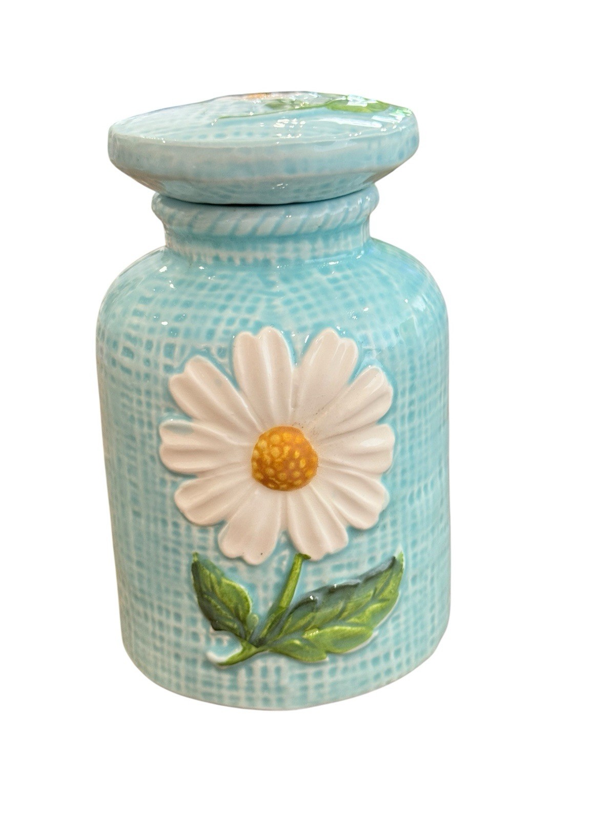 Vtg Daisy Bathroom Ceramic Blue Bottle Irice Imports Canister Lidded Retro