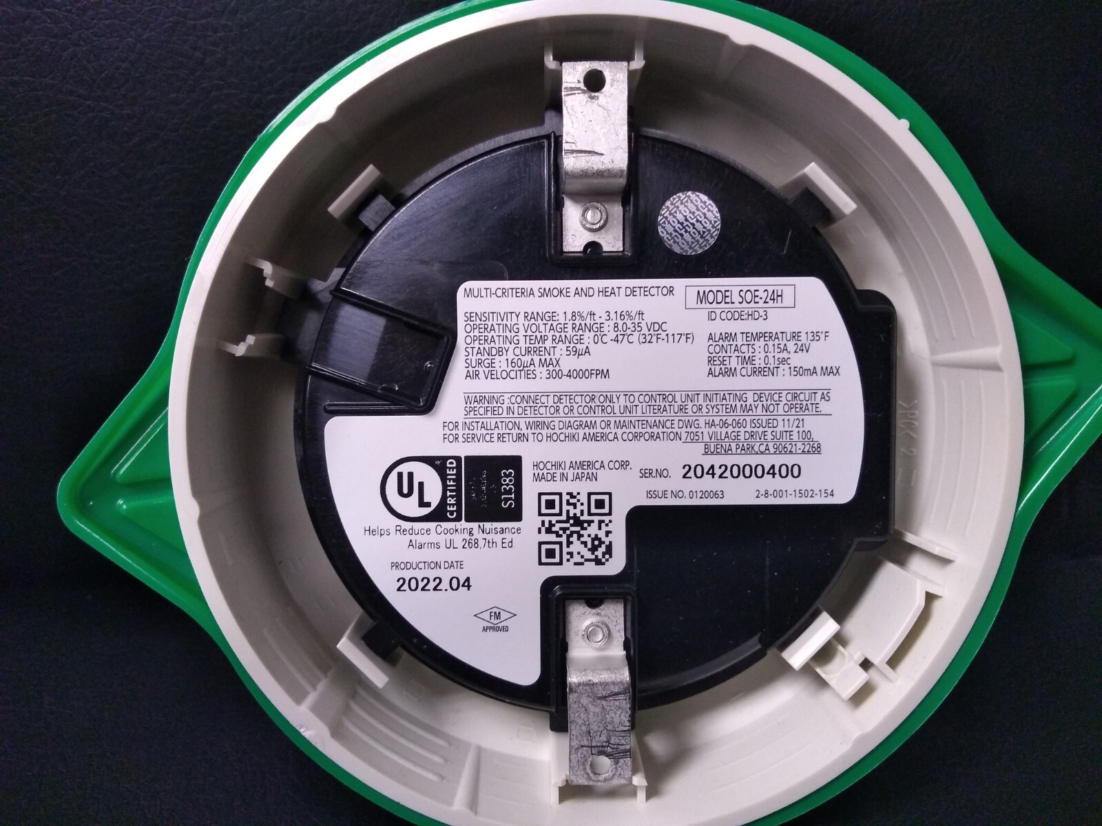 Smoke Detector Head W/Heat, Conventional, Photoelectric. Hochiki Model SOE-24H
