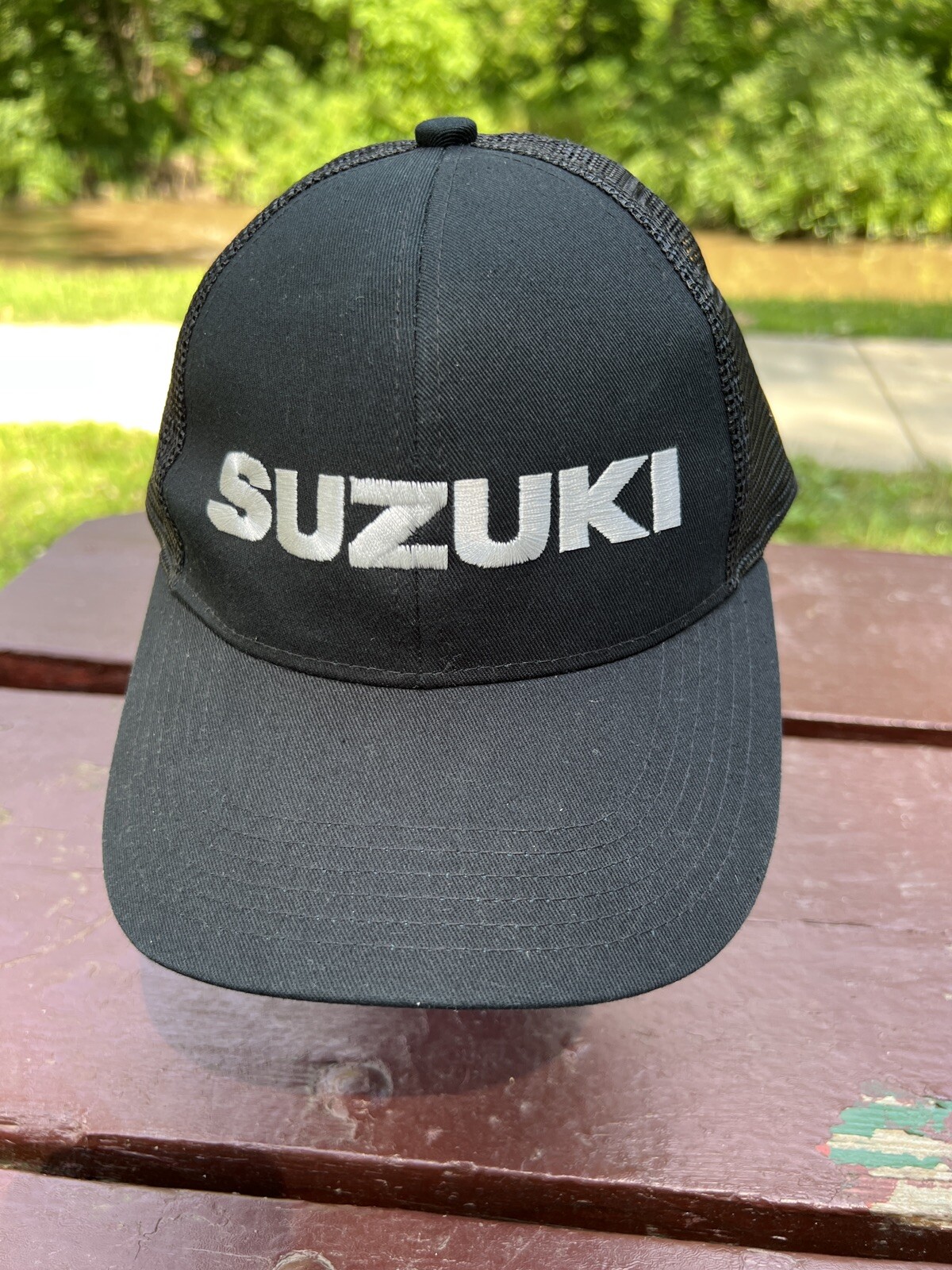 Suzuki Black Mesh Strapback Hat Cap Cotton Hat with Polyester Mesh Adj. EUC