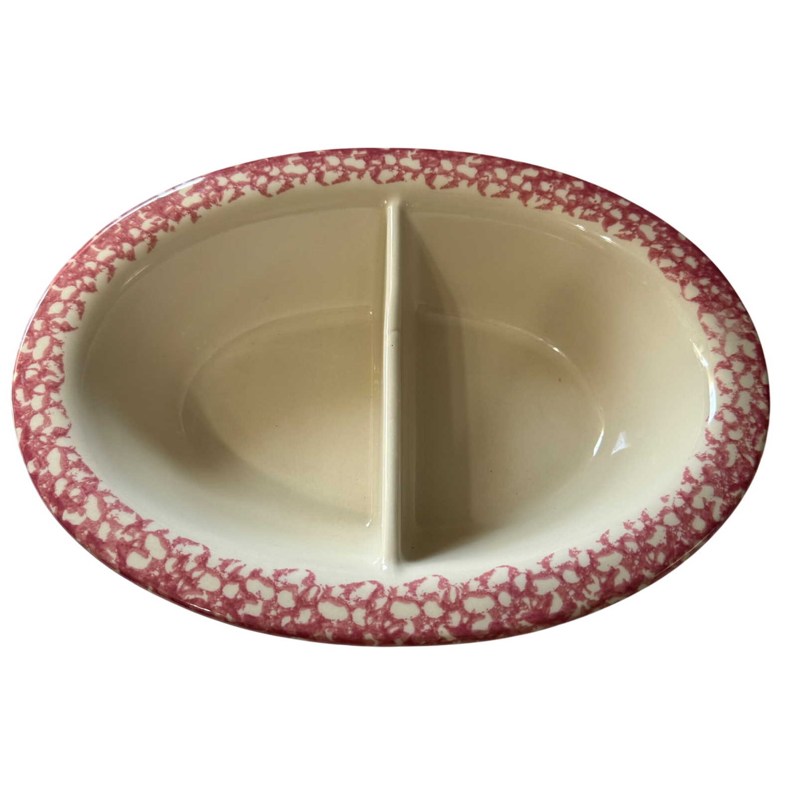 Roseville Spongeware Divided Oval Serving Dish Pink & White 12" x 9" Stoneware
