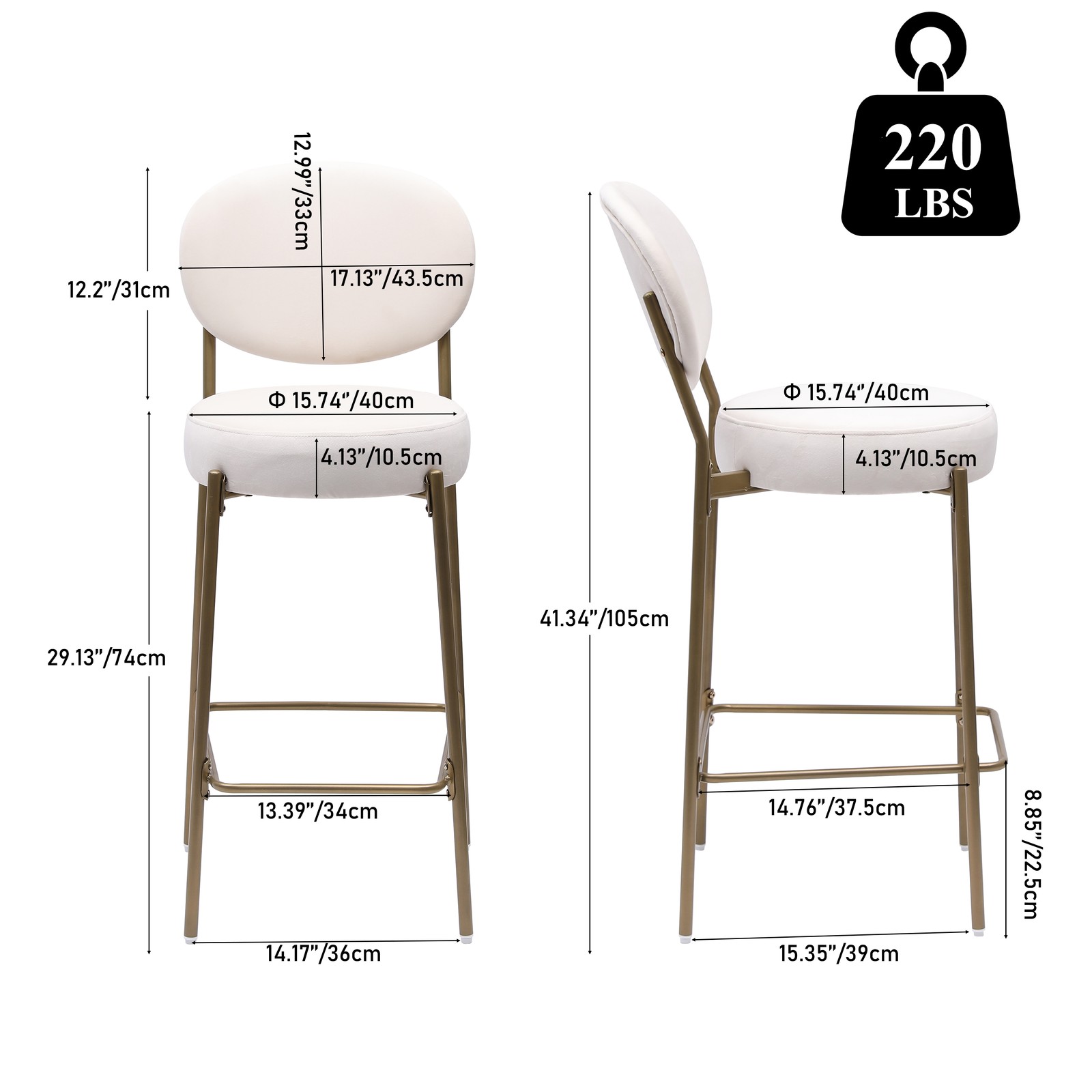 29'' Upholstered Bar Stools Velvet Counter Stool with Backrest & Footrest Set