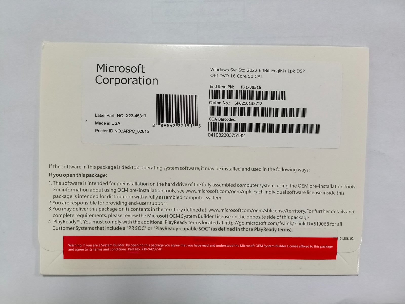 Win Server Std 2022 64-bit  DVD 16 Core 50 CAL Product Key New + Free Shipping