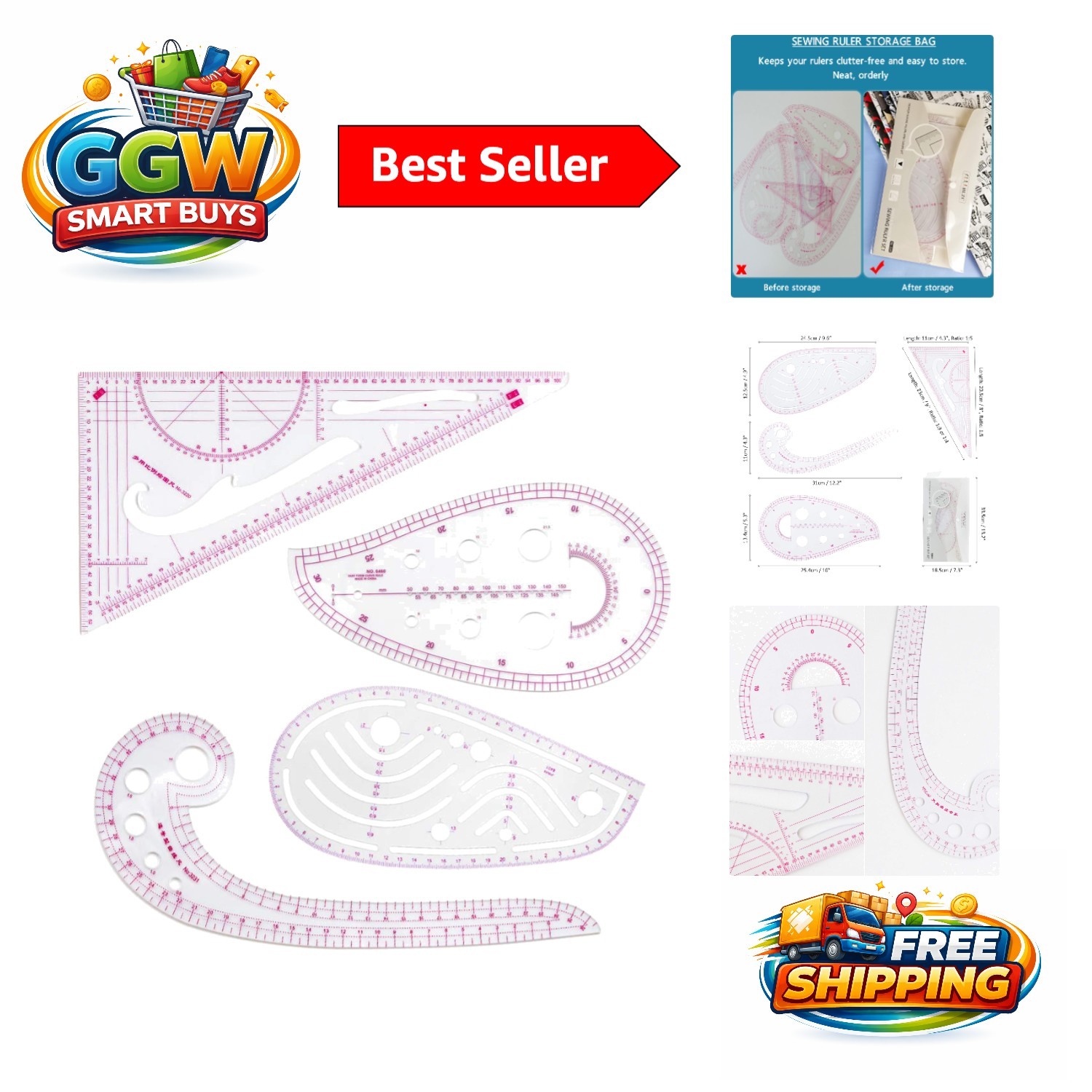 Elegant 4-Piece Clear Metric Sewing Ruler Set for Fashion Designers & Tailors