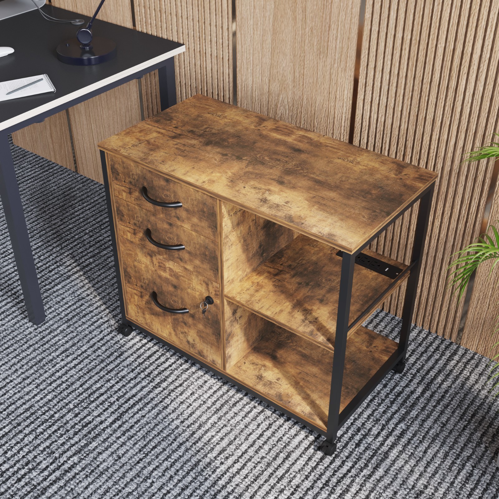 3 Drawer Mobile File Cabinet Rolling Printer Stand with Open Storage Shelf Brown