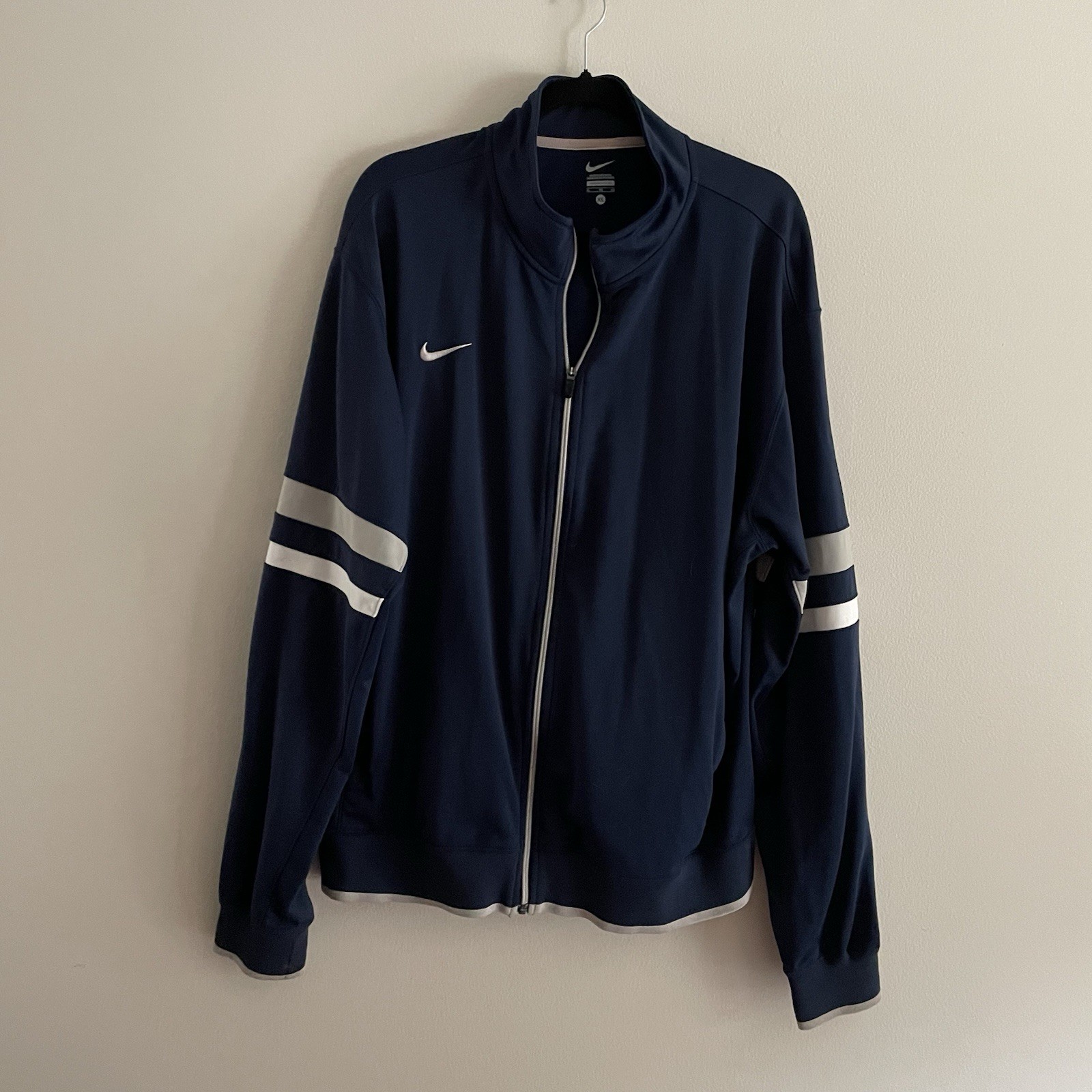 Nike Men's SZ XL Blue/Gray/White Striped Sleeve Full Zip Pocketed Track Jacket