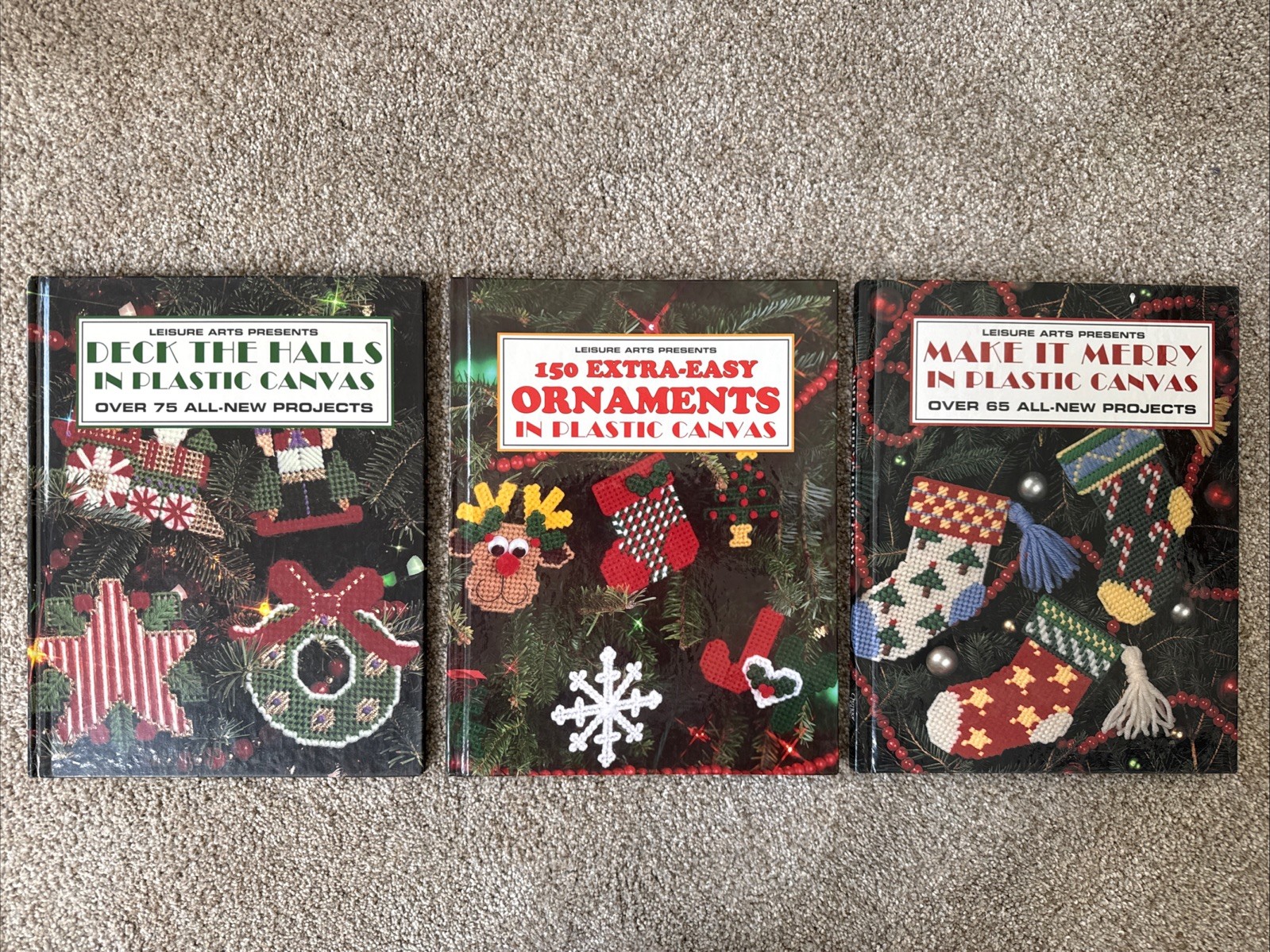 Lot of 3 Plastic Canvas By Leisure Arts Christmas Make It Merry, Deck the Halls,