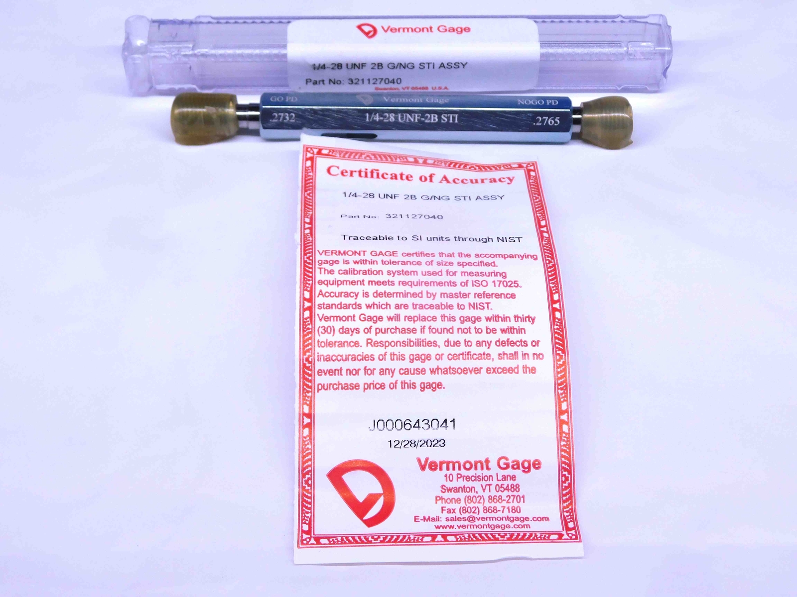 NEW 1/4 28 UNF 2B STI VERMONT THREAD PLUG GAGE .25 GO NO GO PD'S = .2732 & .2765