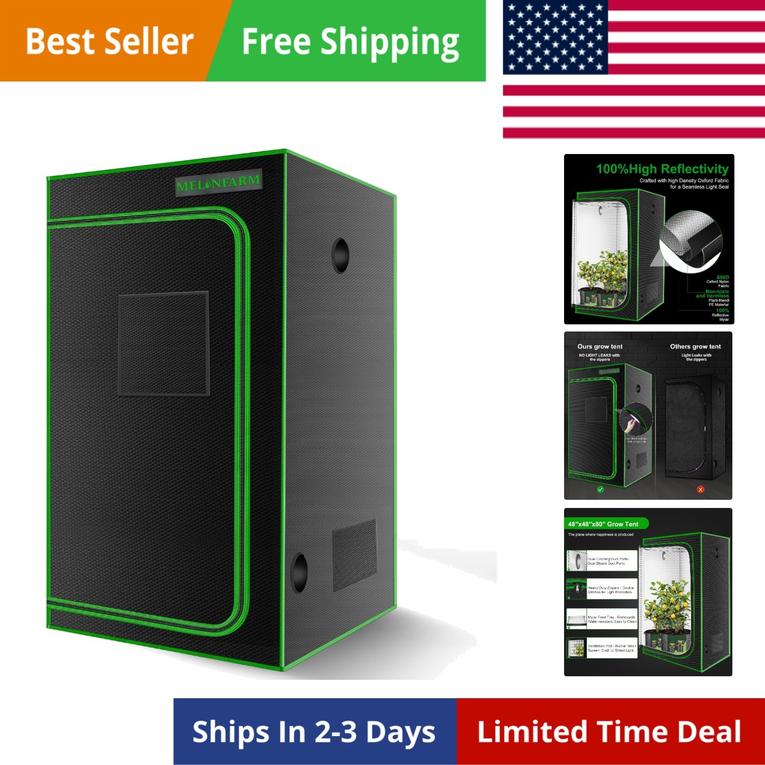 4x4 Grow Tent, 48"x48"x80'' High Reflective 600D Diamond Mylar Canvas with Ob...