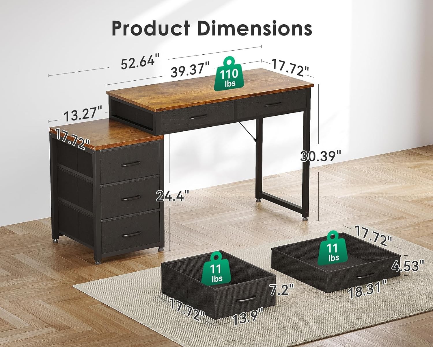 ODK Computer Desk with 5 Drawers,53'' Office Desk with Printer Shelf, Reversible