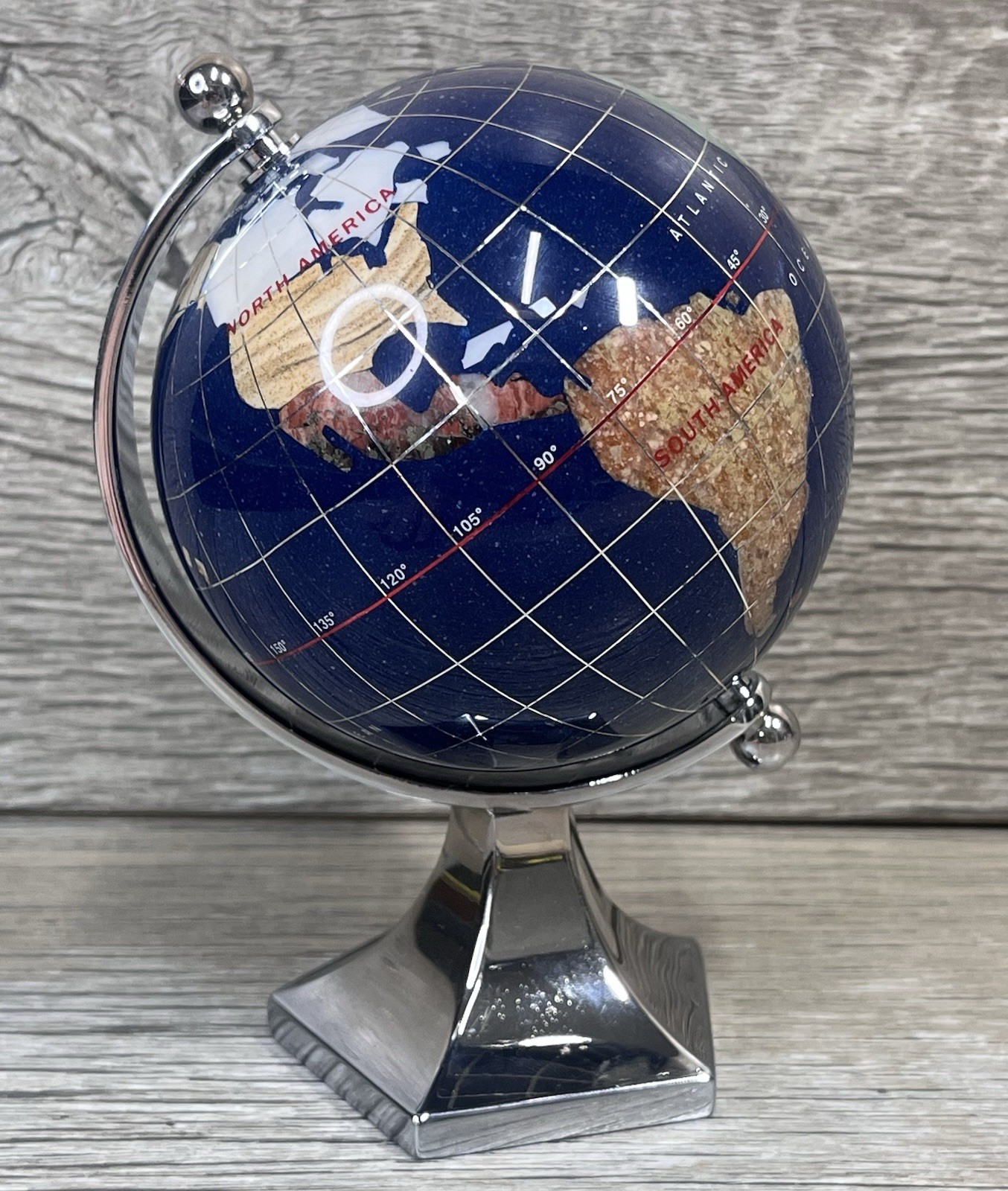 GEMSTONE MINI WORLD GLOBE Semi-Precious Inlay Chrome Stand 5.5" Tabletop Decor