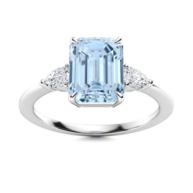 Emerald Cut 8x6 MM Natural Aquamarine 925 Sterling Silver Three Stone Women Ring
