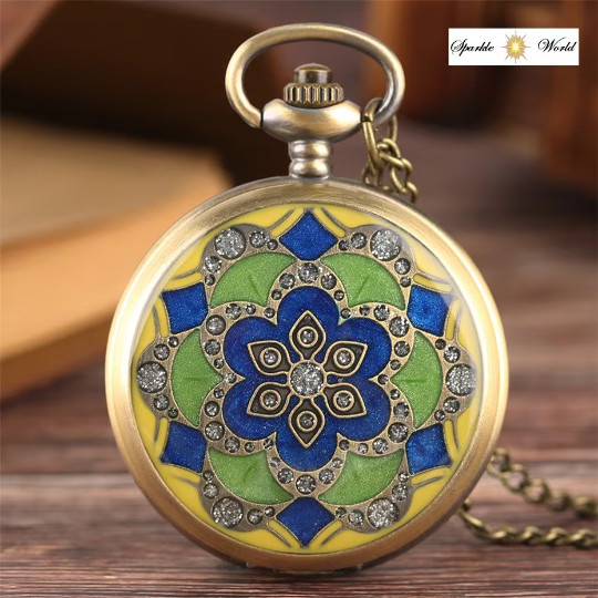 Classic Moroccan Art Green Jade Rhinestones Bronze Pocket Watch Necklace Pendant
