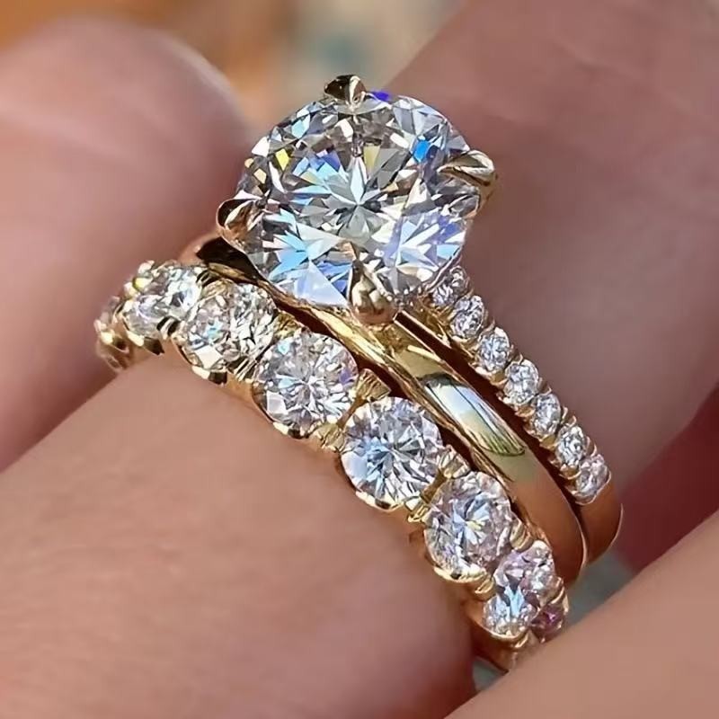 ONE SET 3 PCS Fashion Women 18K Gold Plated Sparkling CZ Sparkling Band Ring