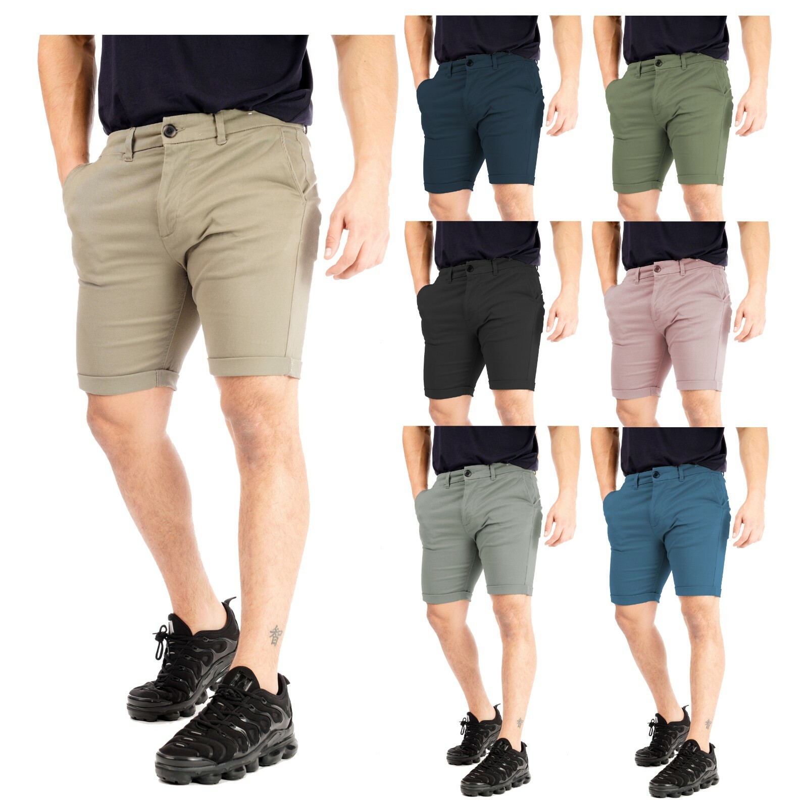 Mens Chino Shorts Roll Up Stretch Cotton Slim Fit Casual Summer Twill Size 32-42
