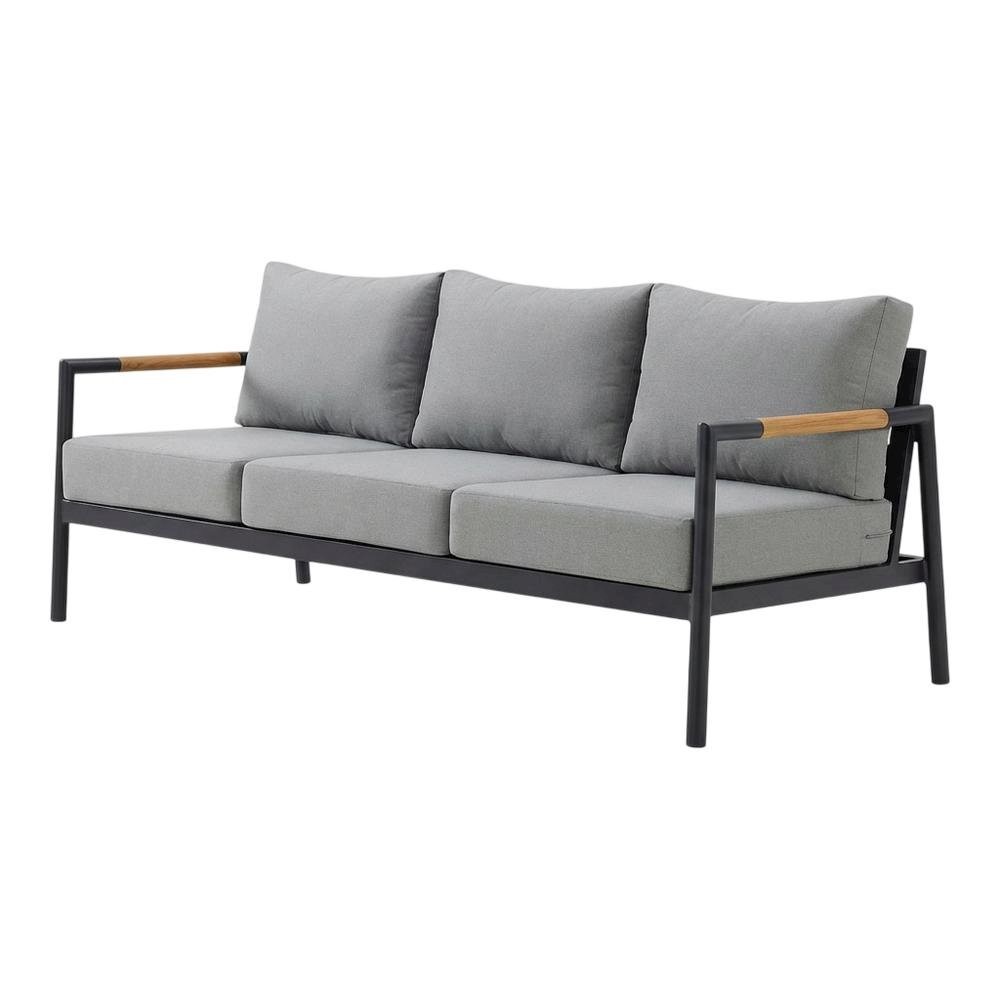 Outdoor Sofa In Black, Dark Gray, Aluminum Frame, Teak Accents, Patio Lounging