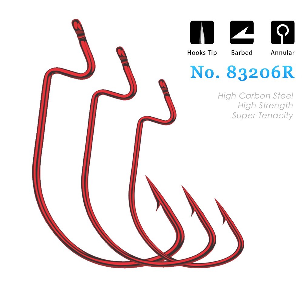 50pcs Wide Crank Fishing Hooks High Carbon Steel For Soft Worm Lure Red 6#-5/0#