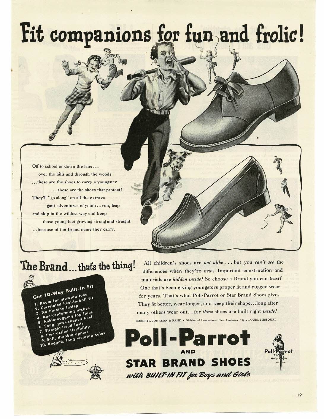 1945 Poll-Parrot Children's Shoes kids play baseball art Vintage Print Ad