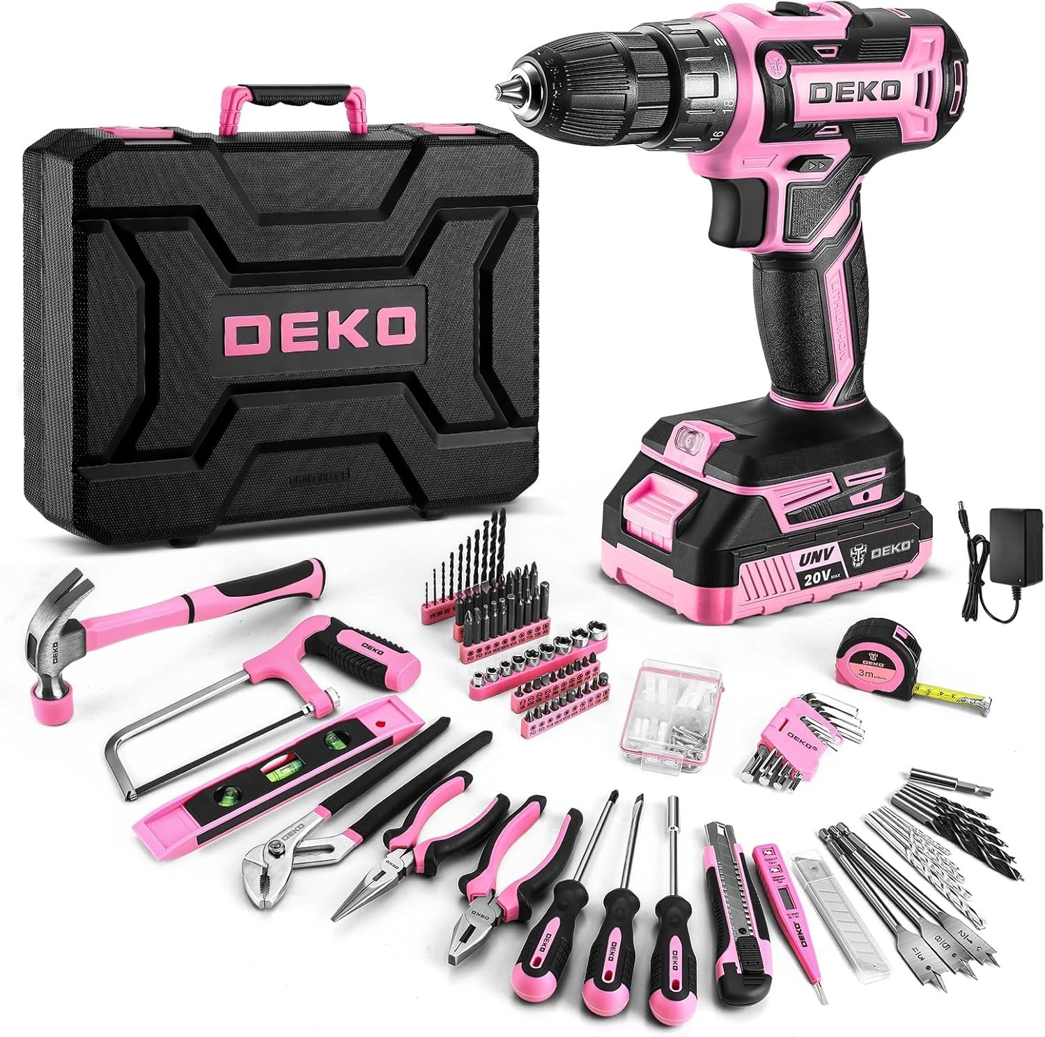 Pink Power Drill Tool Kit Set: 20V Cordless Electric Drill, Driver, Tool Box ...