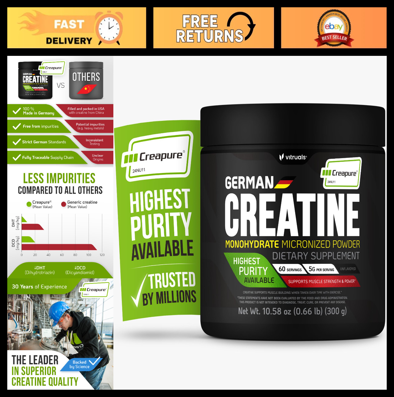 Ultra-Pure Creatine Monohydrate Powder 300g - Strength & Recovery, Vegan, Keto,