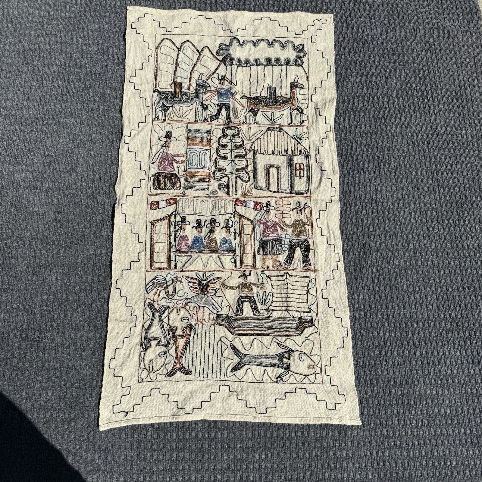 Vintage Folk Art Embroidery Peru "Matrimonio" 42”x23” Wall Hanging Wedding Gift