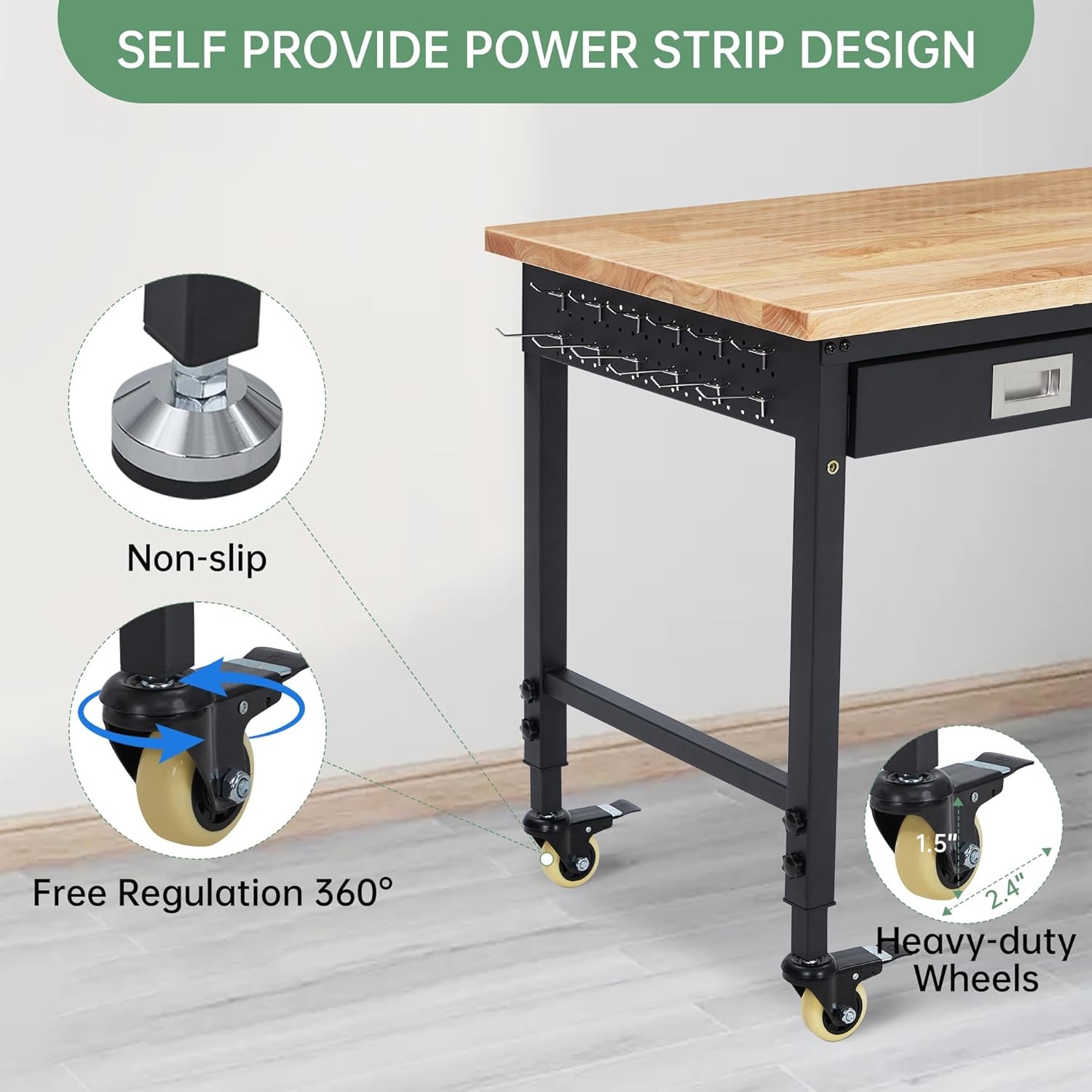 48x24"Adjustable Garage Workbench&Drawer,2000LB,USB Port,WorkstationMobile Table