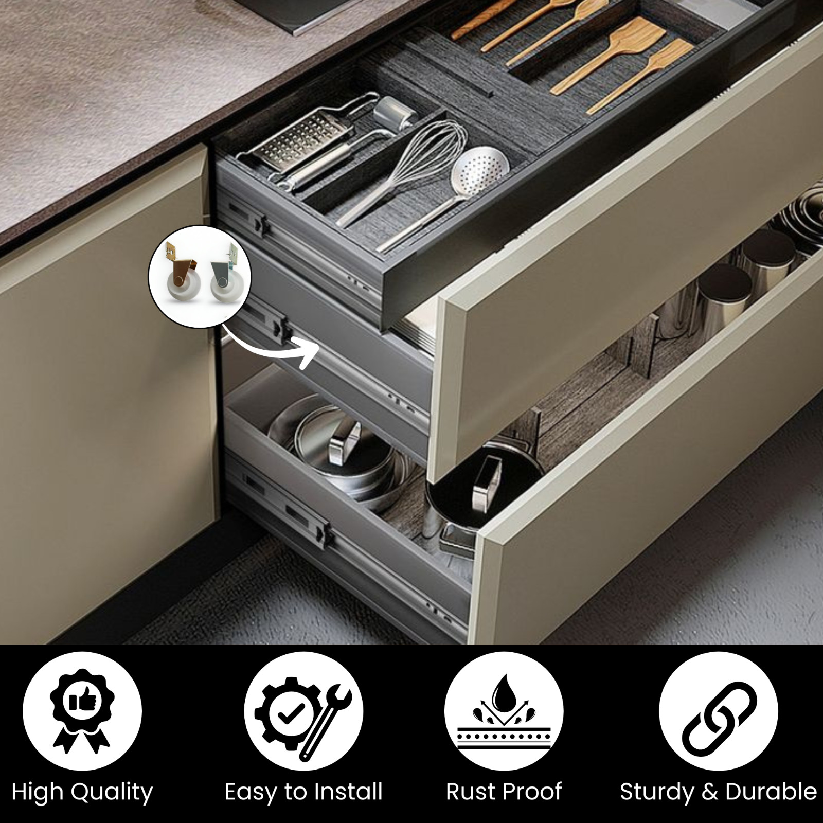 KC Hardware Nylon Drawer Guide Roller, Kitchen Drawer, Nylon Wheels- Pack 4